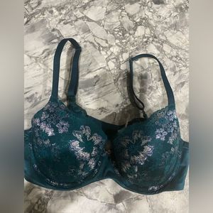 Women’s Forest Green Silver Lace Overlay Body By Victoria Lined Demi Bra - 34D